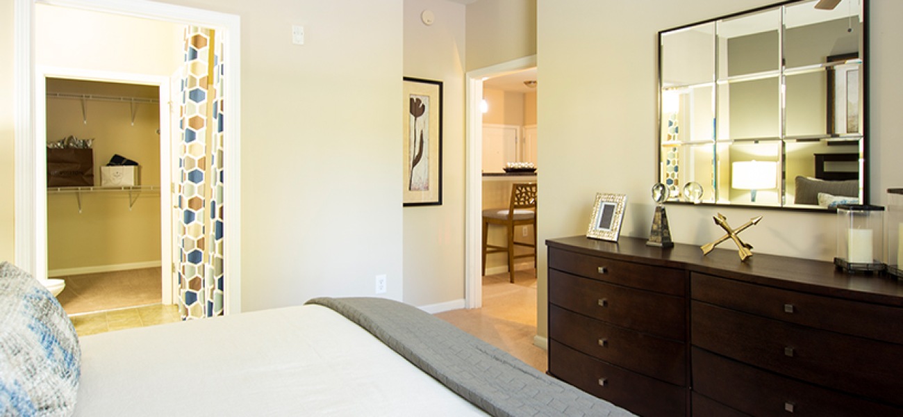 Large bedroom with queen bed dresser and walk-in closet.