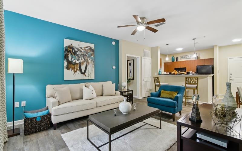 a living room with a couch and a table